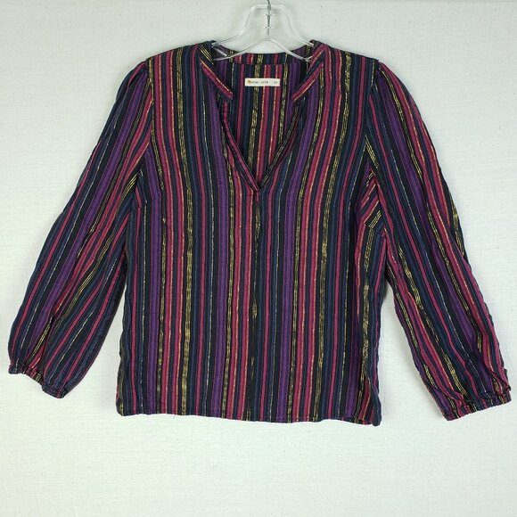 Marine Layer Jamie Blouse Top Banded Collar Popover Lurex Multi Stripe size XS - Picture 3 of 12